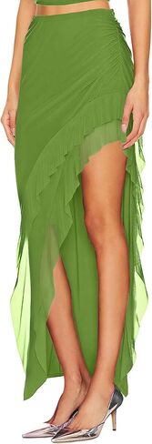 WISFRUIT Women's Sexy Ruched Mesh Skirt High Waisted Asymmetrical Flowy Ruffle Bodycon Long Skirts in Kuwait