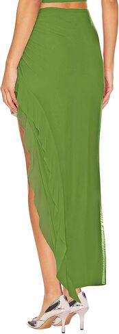 WISFRUIT Women's Sexy Ruched Mesh Skirt High Waisted Asymmetrical Flowy Ruffle Bodycon Long Skirts in Kuwait