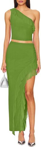 WISFRUIT Women's Sexy Ruched Mesh Skirt High Waisted Asymmetrical Flowy Ruffle Bodycon Long Skirts in Kuwait