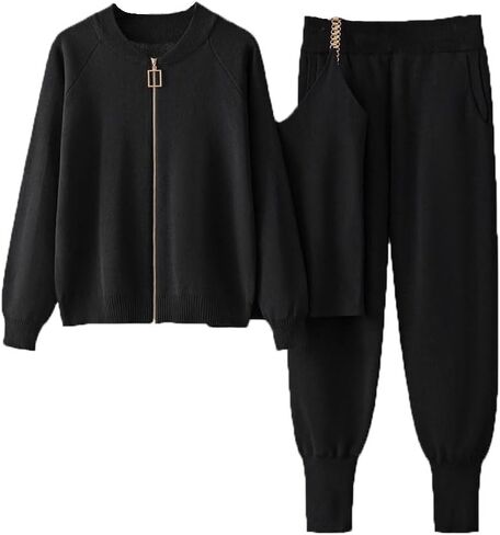 Women's Sweater 3 Piece Women Solid Long Sleeve Zipper Cardigan Casual Tank Top Knitted Carrot Trousers Suit in Saudi Arabia