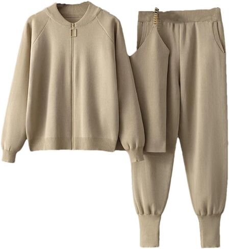 Women's Sweater 3 Piece Women Solid Long Sleeve Zipper Cardigan Casual Tank Top Knitted Carrot Trousers Suit in Saudi Arabia