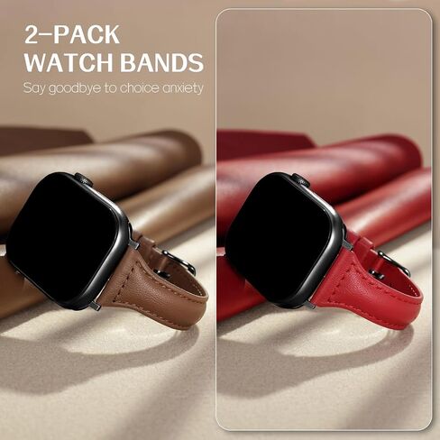 2 حزمة حزمة من الجلد النحيف المتوافقة مع Apple Watch Band 38mm 40mm 41mm 42mm 44mm 45mm 46mm 49mm 49 مم ، حزام جلدي أصلي الطبقة العليا لسلسلة Iwatch 10/9/8/7/6 5/4/3/2/1/se/ultra in Kuwait