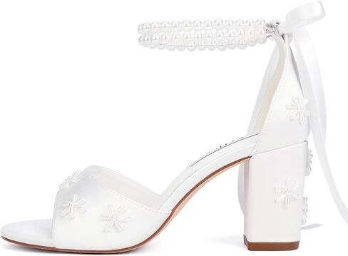 Pearl Heels Wedding Shoes for Bride Block Heel Bridal Shoes Wedding Heeled Sandals in Kuwait
