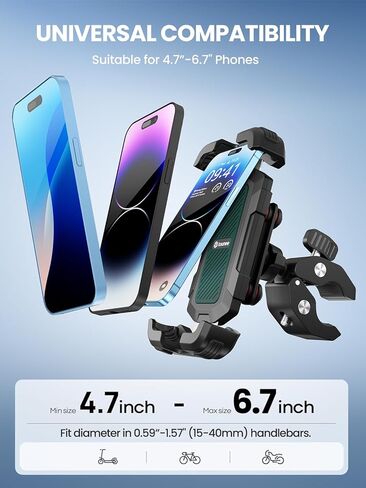 tounee Motorcycle Phone Holder Mount -Dual Vibration Dampener, Tool-Free Bike Phone Holder Handlebar Clip & Secure Lock for iPhone 16/15 Pro Max, 4.7-6.9" Phones - Black in Kuwait