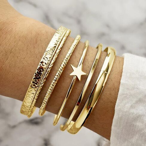 17IF Gold Bangle Bracelet For Women 14k Plated Multi Layer Cuff Bracelets Set Trendy Boho Textured Indian Punk Chunky Cable Smooth Bangles Elegance Stack Minimalist Jewelry Gift in Saudi Arabia