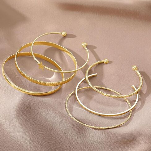 17IF Gold Bangle Bracelet For Women 14k Plated Multi Layer Cuff Bracelets Set Trendy Boho Textured Indian Punk Chunky Cable Smooth Bangles Elegance Stack Minimalist Jewelry Gift in Saudi Arabia