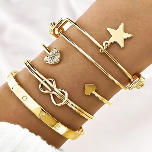 17IF Gold Bangle Bracelet For Women 14k Plated Multi Layer Cuff Bracelets Set Trendy Boho Textured Indian Punk Chunky Cable Smooth Bangles Elegance Stack Minimalist Jewelry Gift in Saudi Arabia