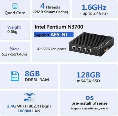 Micro Firewall Appliance, Fanless Mini PC Intel N3700 4Cores/4Threads, 6X Intel 2.5 GbE i226-V LAN,AES-NI,DDR3 8GB SSD 128GB Router Network Security USB3.0/VGA/HD/Wi-Fi (8G 128G/6LAN) in Saudi Arabia