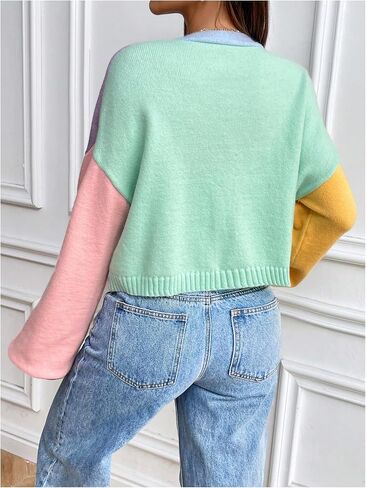 Verdusa Women's Colorful V Neck Open Front Puff Sleeve Sweater Coat 70s Cropped Cardigan Sweaters in Saudi Arabia