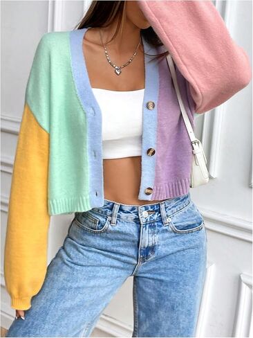 Verdusa Women's Colorful V Neck Open Front Puff Sleeve Sweater Coat 70s Cropped Cardigan Sweaters in Saudi Arabia