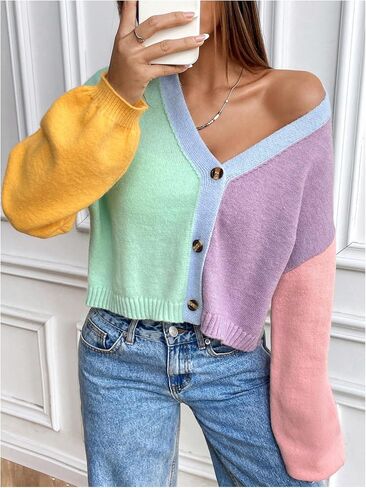 Verdusa Women's Colorful V Neck Open Front Puff Sleeve Sweater Coat 70s Cropped Cardigan Sweaters in Saudi Arabia
