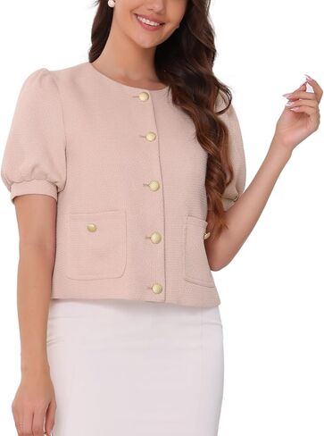 Allegra K Cropped Tweed Jacket for Women's Summer Puff Short Sleeve Crew Neck Office Work Blazer in Saudi Arabia