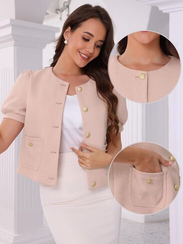 Allegra K Cropped Tweed Jacket for Women's Summer Puff Short Sleeve Crew Neck Office Work Blazer in Saudi Arabia