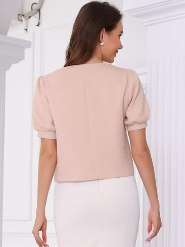 Allegra K Cropped Tweed Jacket for Women's Summer Puff Short Sleeve Crew Neck Office Work Blazer in Saudi Arabia