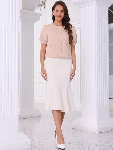 Allegra K Cropped Tweed Jacket for Women's Summer Puff Short Sleeve Crew Neck Office Work Blazer in Saudi Arabia
