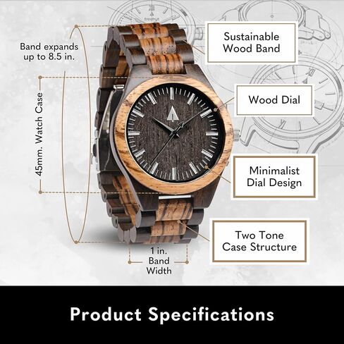 Treehut Wooden Watches for Men, Great Japanese Quartz Analog, Stylish Exotic Watch with Adjustable Stainless Steel Clasp, Buckle, Made from Ebony and Walnut Wood, Relojes Hombre Mujeres in Saudi Arabia