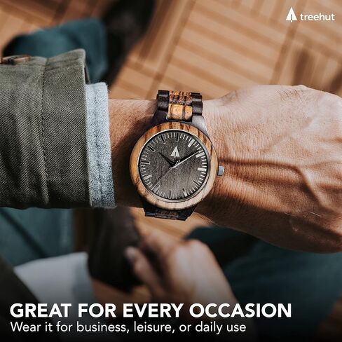 Treehut Wooden Watches for Men, Great Japanese Quartz Analog, Stylish Exotic Watch with Adjustable Stainless Steel Clasp, Buckle, Made from Ebony and Walnut Wood, Relojes Hombre Mujeres in Saudi Arabia
