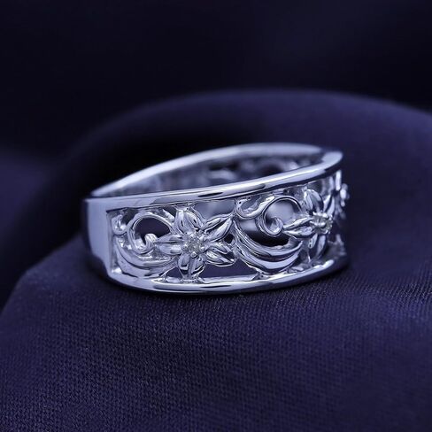 AFFY Round Cut White Cubic Zirconia Floral Filigree Wedding Bands Ring in 14K Gold Over Sterling Silver Jewelry for Women in Saudi Arabia