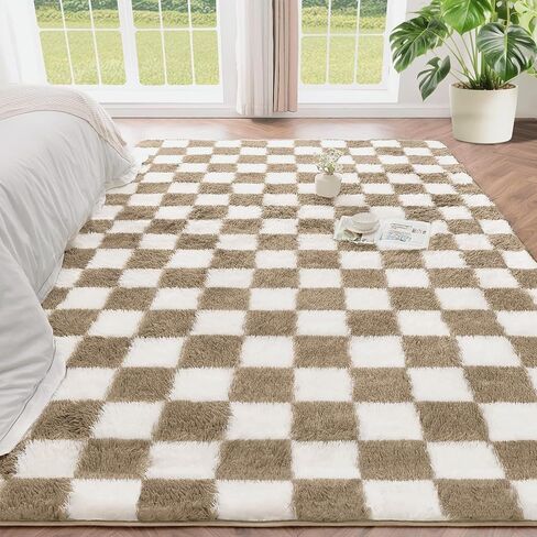 Andency 5x7 Ft Black and White Area Rug for Living Room Classic Checkered Shaggy Rug Non-Slip High Pile Soft Fluffy Rug Fuzzy Carpet Bedroom Kids Toddler Room Nursery Playroom, Cute Dorm Home Decor in Kuwait