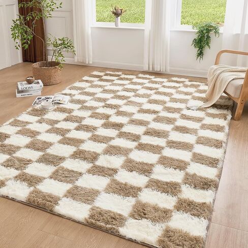 Andency 5x7 Ft Black and White Area Rug for Living Room Classic Checkered Shaggy Rug Non-Slip High Pile Soft Fluffy Rug Fuzzy Carpet Bedroom Kids Toddler Room Nursery Playroom, Cute Dorm Home Decor in Kuwait