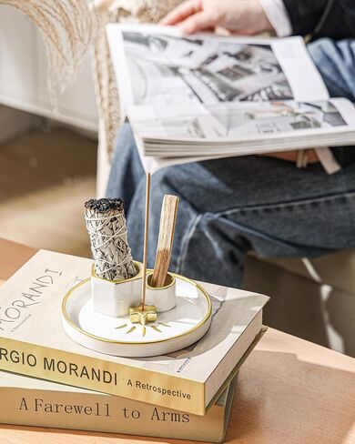 Incense Holder Burner, Ceramic Incense Holder for Palo Santo Sage Cedar Bundles Incense Sticks and Candle, Smudge Dish for Meditation Yoga, Modern Home Decor (Gold-Moon1) in Saudi Arabia