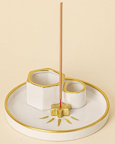 Incense Holder Burner, Ceramic Incense Holder for Palo Santo Sage Cedar Bundles Incense Sticks and Candle, Smudge Dish for Meditation Yoga, Modern Home Decor (Gold-Moon1) in Saudi Arabia