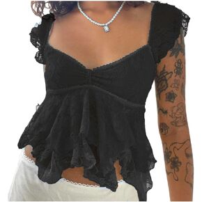 Women Lace Babydoll Tank Top Cap Sleeve انظر من خلال صيف Y2K الخروج من قمم المحاصيل Coquette Coquette in Kuwait