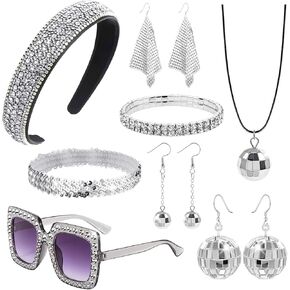 8Pcs 70s Disco Accessories for Women Disco Costume Jewelry Set Rhinestone Headbands Sequin Scarf Earrings Sunglasses Headband Rhinestone Bracelet Disco Ball Earrings Necklace in Saudi Arabia