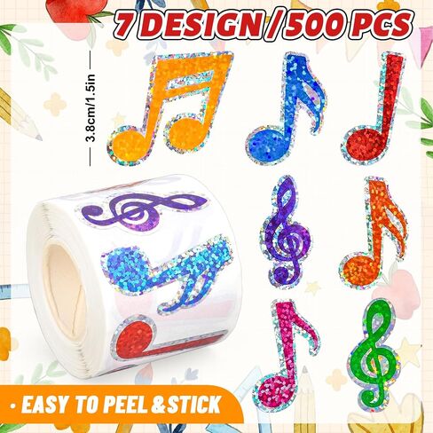 Whaline Music Note Stickers Roll Black Laser Musical Note Sparkly Waterproof Self-Adhesive Stickers Decals for Envelope Journal Decor Party Supplies, 500Pcs in Kuwait