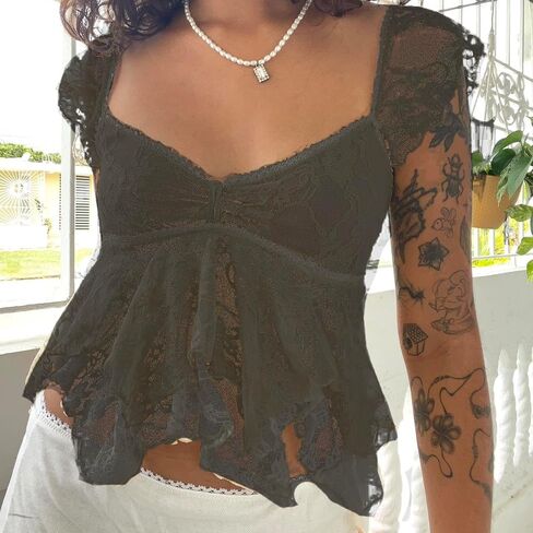 Women Lace Babydoll Tank Top Cap Sleeve انظر من خلال صيف Y2K الخروج من قمم المحاصيل Coquette Coquette in Saudi Arabia