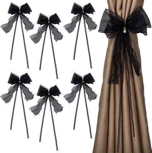FINGERINSPIRE 6 pcs Bow Lace Curtain Tiebacks with Pin Black Bowknot Curtain Ties with PVC Imitation Pearl Elegant Lace Ribbon Bow Straps Drapery Holdbacks Tie Rope Home Decoration in Saudi Arabia
