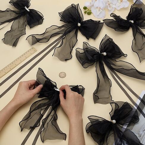 FINGERINSPIRE 6 pcs Bow Lace Curtain Tiebacks with Pin Black Bowknot Curtain Ties with PVC Imitation Pearl Elegant Lace Ribbon Bow Straps Drapery Holdbacks Tie Rope Home Decoration in Saudi Arabia