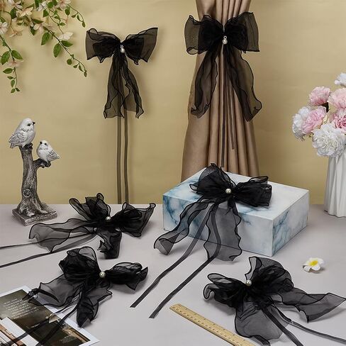 FINGERINSPIRE 6 pcs Bow Lace Curtain Tiebacks with Pin Black Bowknot Curtain Ties with PVC Imitation Pearl Elegant Lace Ribbon Bow Straps Drapery Holdbacks Tie Rope Home Decoration in Saudi Arabia