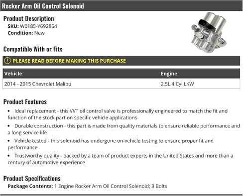 Rocker Arm Variable Valve Timing (VVT) Oil Control Valve - Compatible with 2014-2015 Chevy Malibu 2.5L 4-Cylinder LKW in Saudi Arabia
