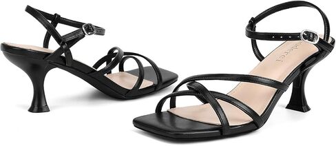 Women's Kitten Heels Strappy Square Open Toe Heels for Women Mid Ankle Strap Heeled Sandals in Kuwait
