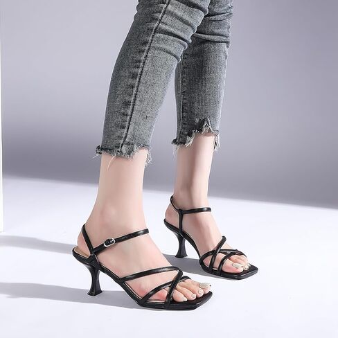 Women's Kitten Heels Strappy Square Open Toe Heels for Women Mid Ankle Strap Heeled Sandals in Kuwait