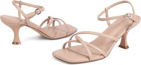Women's Kitten Heels Strappy Square Open Toe Heels for Women Mid Ankle Strap Heeled Sandals in Kuwait