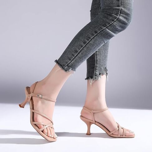 Women's Kitten Heels Strappy Square Open Toe Heels for Women Mid Ankle Strap Heeled Sandals in Kuwait
