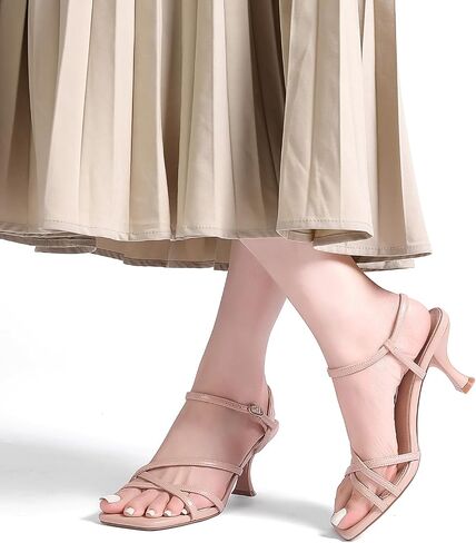 Women's Kitten Heels Strappy Square Open Toe Heels for Women Mid Ankle Strap Heeled Sandals in Kuwait