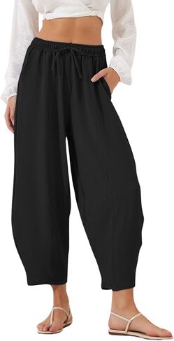 Lviefent Women Wide Leg Capri Pants Casual Elastic Waist Cropped Beach Palazzo Barrel Pants with Pockets in Saudi Arabia