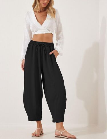 Lviefent Women Wide Leg Capri Pants Casual Elastic Waist Cropped Beach Palazzo Barrel Pants with Pockets in Saudi Arabia