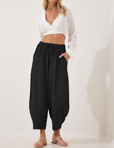 Lviefent Women Wide Leg Capri Pants Casual Elastic Waist Cropped Beach Palazzo Barrel Pants with Pockets in Saudi Arabia