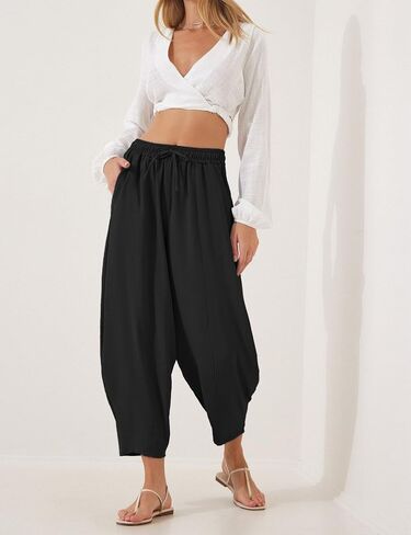 Lviefent Women Wide Leg Capri Pants Casual Elastic Waist Cropped Beach Palazzo Barrel Pants with Pockets in Saudi Arabia