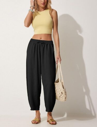 Lviefent Women Wide Leg Capri Pants Casual Elastic Waist Cropped Beach Palazzo Barrel Pants with Pockets in Saudi Arabia