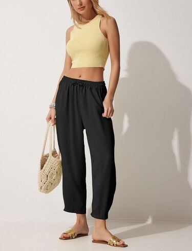 Lviefent Women Wide Leg Capri Pants Casual Elastic Waist Cropped Beach Palazzo Barrel Pants with Pockets in Saudi Arabia