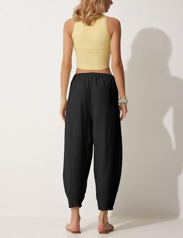 Lviefent Women Wide Leg Capri Pants Casual Elastic Waist Cropped Beach Palazzo Barrel Pants with Pockets in Saudi Arabia