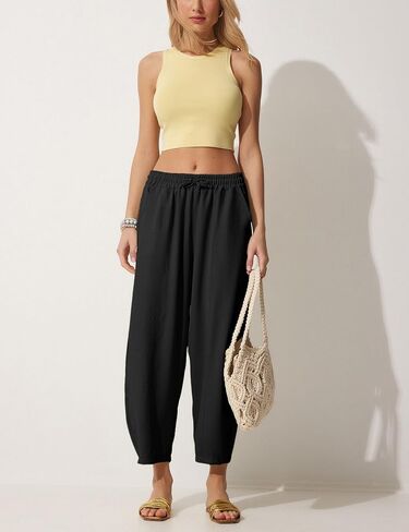 Lviefent Women Wide Leg Capri Pants Casual Elastic Waist Cropped Beach Palazzo Barrel Pants with Pockets in Saudi Arabia