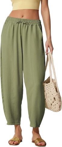 Lviefent Women Wide Leg Capri Pants Casual Elastic Waist Cropped Beach Palazzo Barrel Pants with Pockets in Saudi Arabia