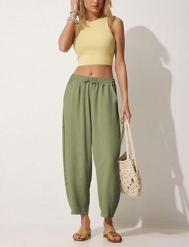 Lviefent Women Wide Leg Capri Pants Casual Elastic Waist Cropped Beach Palazzo Barrel Pants with Pockets in Saudi Arabia