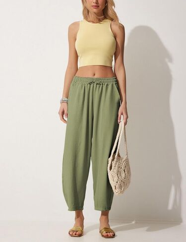Lviefent Women Wide Leg Capri Pants Casual Elastic Waist Cropped Beach Palazzo Barrel Pants with Pockets in Saudi Arabia